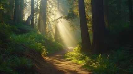 Obraz premium A scenic hiking trail through a dense forest, with sunlight filtering through the trees