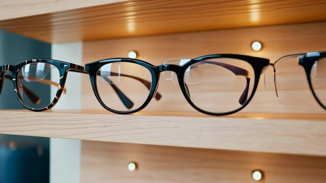 Eyeglasses showcase. Trendy glasses of different design. Minimalism. Eyewear and spectacles sale. Optic shop. Fashion Accessories. Copy space for text. Optical store discount poster. Rims, Frames