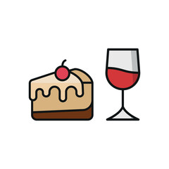 Wine glass drink and cheesecake food icon with a sleek and minimalist flat design, featuring clean lines and a modern aesthetic, perfect for contemporary UI/UX projects and food-related branding.