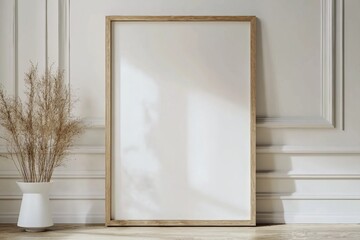 Minimal empty vertical wooden picture frame mockup. White wall with elegant stucco decor. Portrait large poster a3, a2 mock-up. Wooden table. Modern, minimal design, Scandinavian indoor interior.