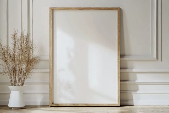 Minimal empty vertical wooden picture frame mockup. White wall with elegant stucco decor. Portrait large poster a3, a2 mock-up. Wooden table. Modern, minimal design, Scandinavian indoor interior.