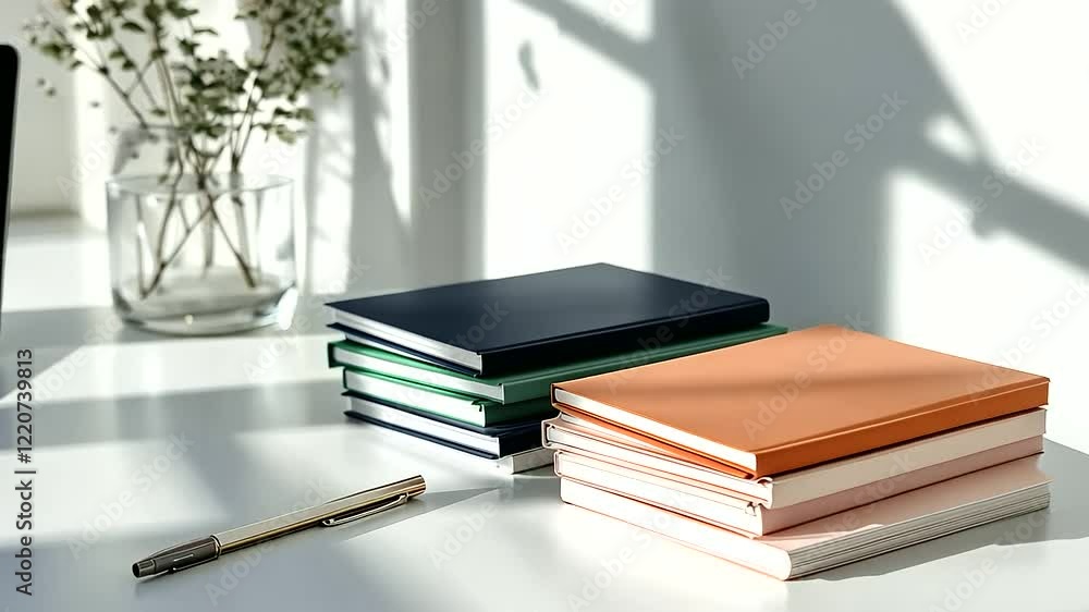 Poster a clean white workspace showcasing colorful notebooks stacked with precision, pens neatly arranged, 
