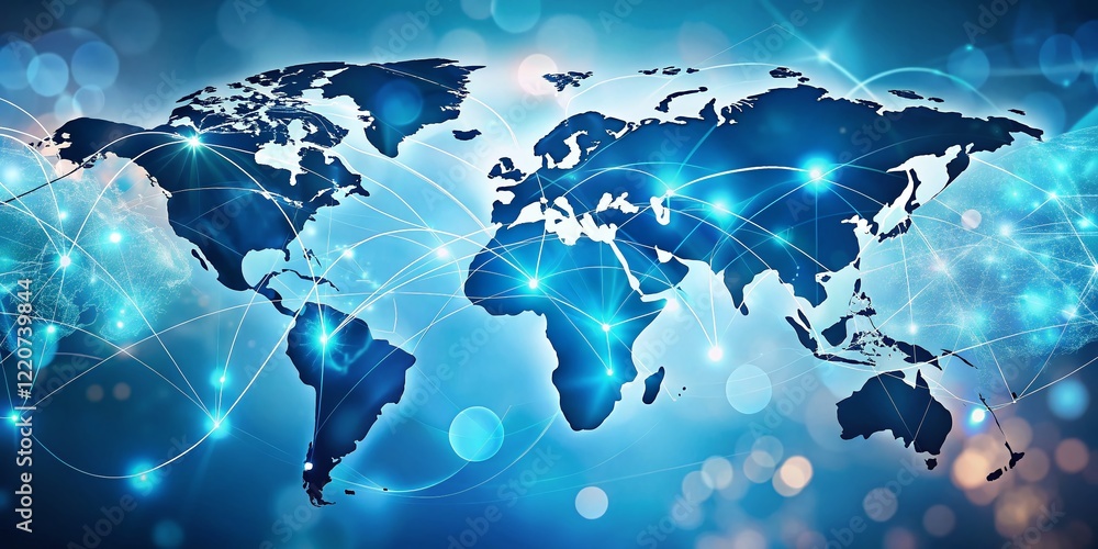 Poster global network connectivity: international business bokeh map