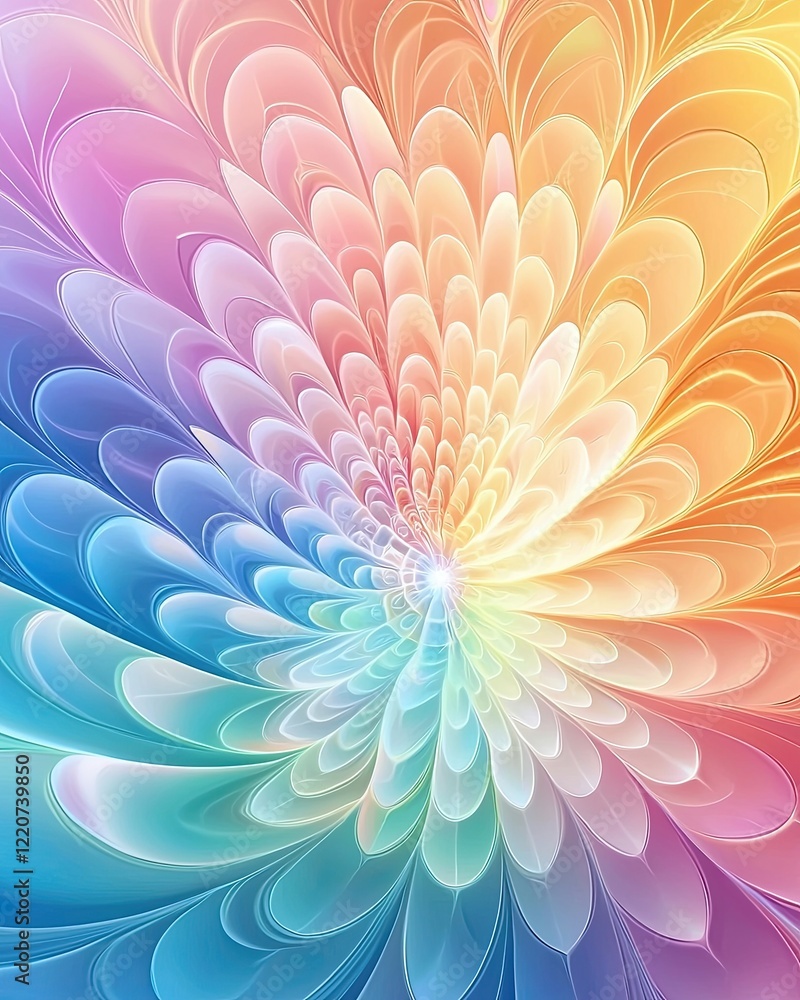 Poster chakra sci-fi motion, vibrant abstract colorful swirl design with soft petal shapes and light gradie