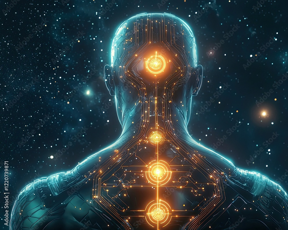 Poster chakra sci-fi motion, futuristic human back with circuitry and glowing elements surrounded by stars 