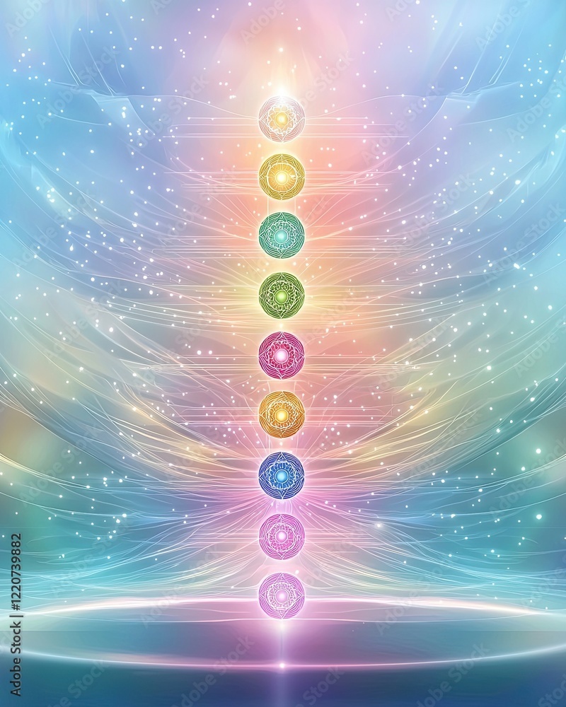 Poster chakra sci-fi motion, colorful chakra alignment with glowing orbs and radiant light in a cosmic back