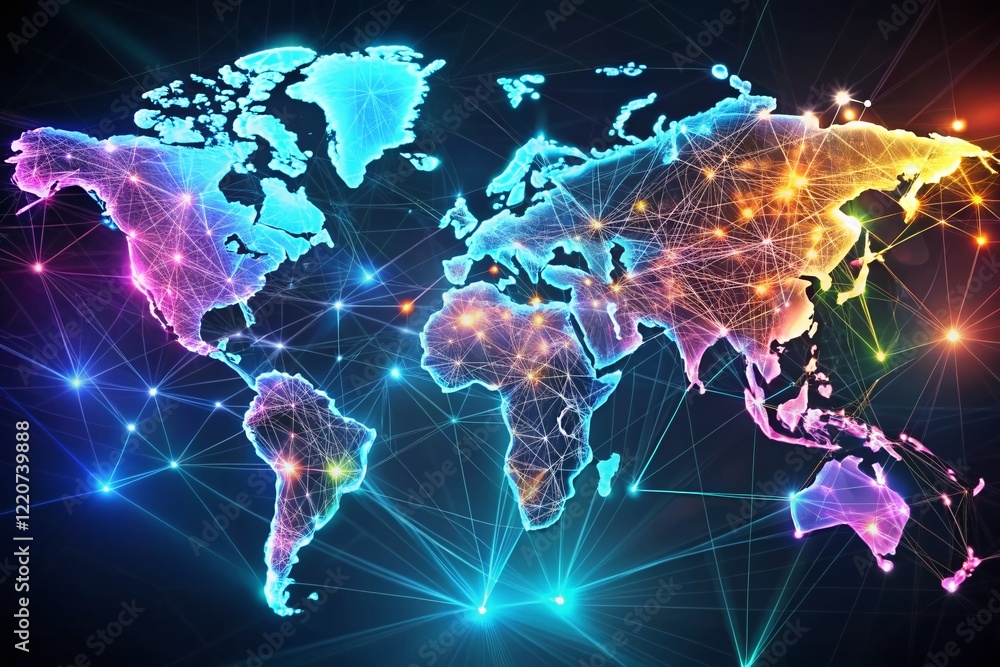 Poster global network: neon interconnected lines world map stock photo
