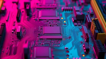 Colorful Motherboard and Circuits on Tech Workspace Background