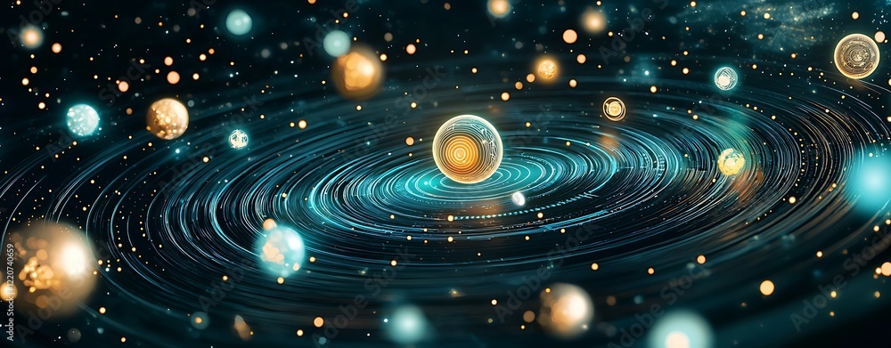 Poster chakra sci-fi motion, cosmic and celestial elements with vibrant swirls in a dark universe backgroun