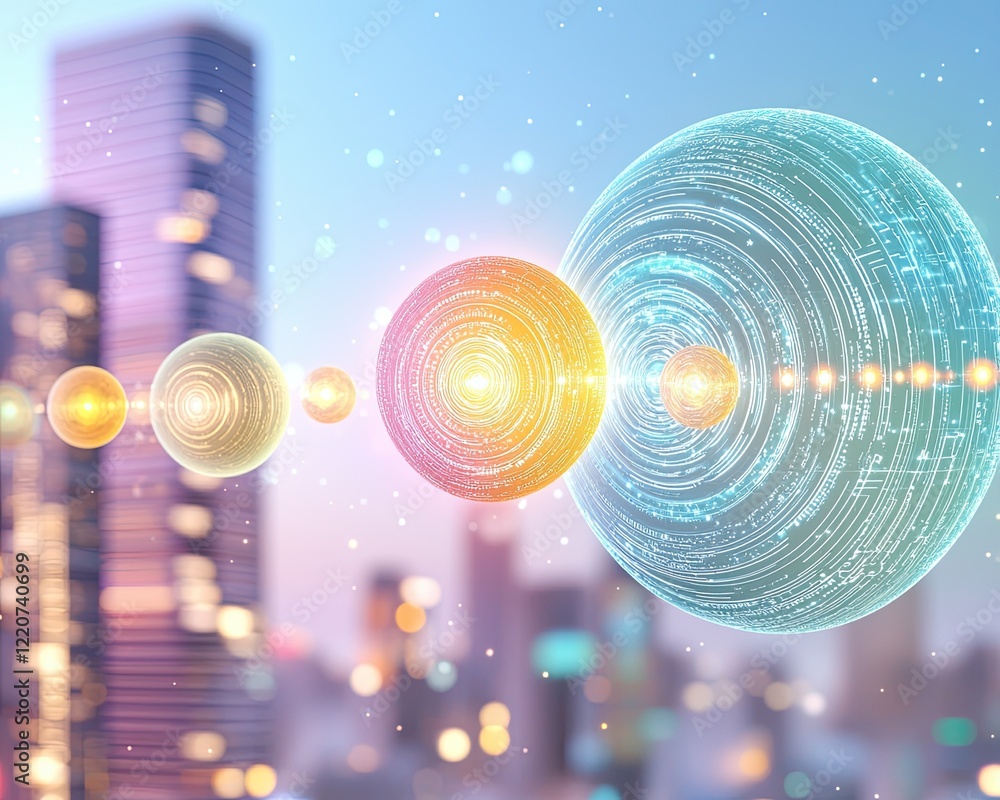 Poster chakra sci-fi motion, futuristic cityscape with glowing celestial bodies and digital elements in sof