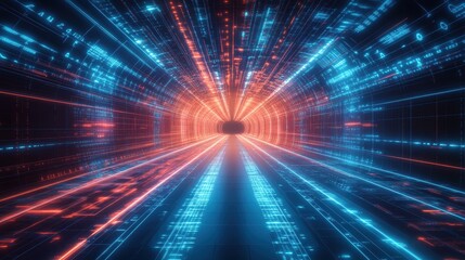 Futuristic Neon Digital Tunnel with Colorful Light Trails