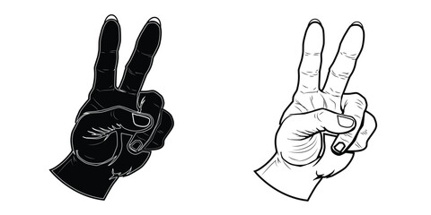 black hand icon silhouette and hand outline or sketch with two fingers style isolated on white background,