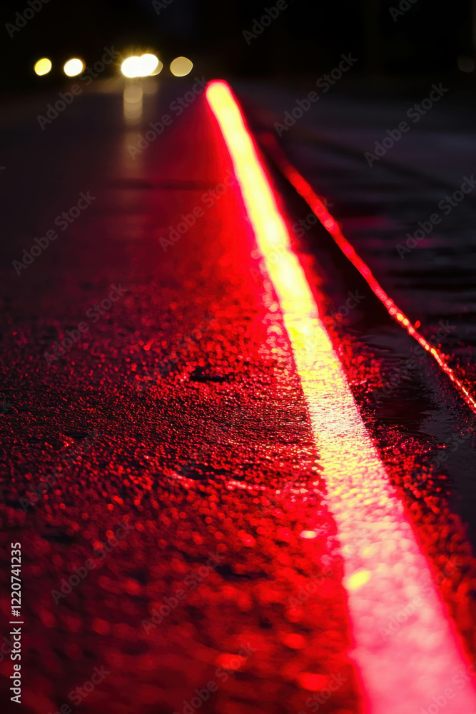 Poster red light effect on wet surface with cars in background creating distinctive running line