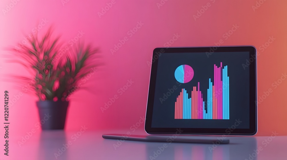 Aufkleber digital tablet with business data visualization charts on minimalist office desk
