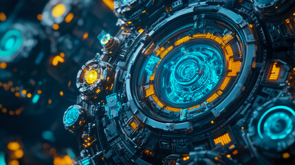 Futuristic Technological Orb: Abstract Blue and Orange Glowing Mechanism