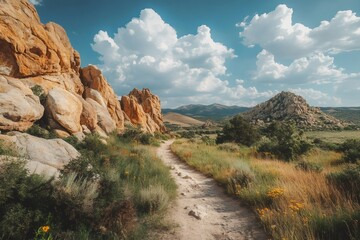 Obraz premium Hiking trail winding through scenic rock formations in the City of Rocks State Park, New Mexico