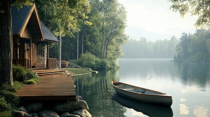 A serene lake house with a wooden deck and a boat docked nearby