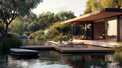 Fototapeta premium A serene lake house with a wooden deck and a boat docked nearby