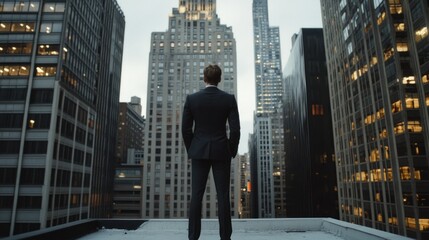 A person in a suit standing on a rooftop overlooking a city skyline at dusk
