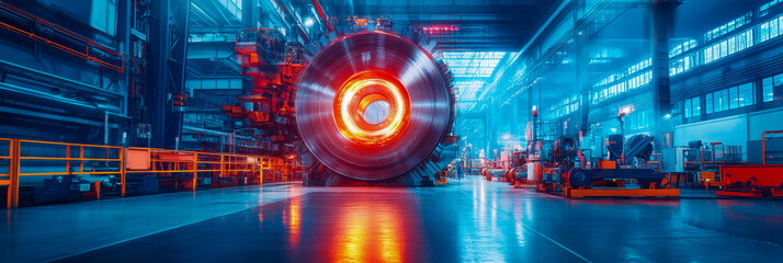 Fototapeta premium Glowing Coil in Steel Mill: Industrial Production Scene
