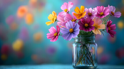 Vibrant cosmos bouquet in glass jar, bokeh background, spring floral arrangement, greeting card design