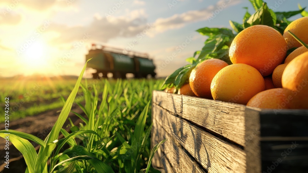 Poster a wooden crate filled with fresh oranges sits in a lush field with a tractor in the background under