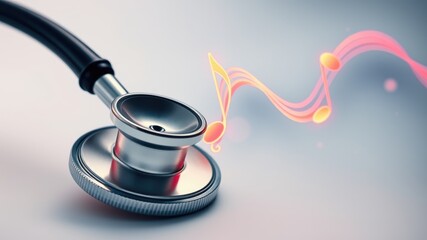 Healing Sounds: A close-up shot of a stethoscope with a vibrant, musical note-shaped light emanating from its diaphragm, symbolizing the harmonious connection between music therapy and healthcare.