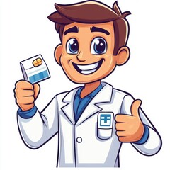Smiling doctor holding a medicine box in one hand and giving a thumbs-up gesture. Represents healthcare, professionalism, and trust in medical services.