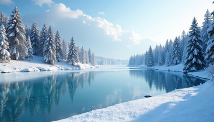 Frozen lake with snow-covered trees surrounding it, snowy, lake