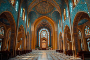 Fototapeta premium Majestic cathedral interior with colorful mosaic and stained glass windows illuminating the altar