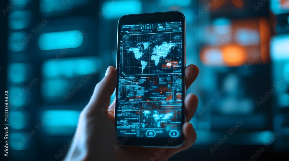 Poster futuristic augmented reality interface displayed on smartphone showcasing advanced digital