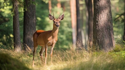 Majestic Deer Standing in a Serene Forest Clearing Under Soft Sunlight During a Calm Summer Afternoon in Nature