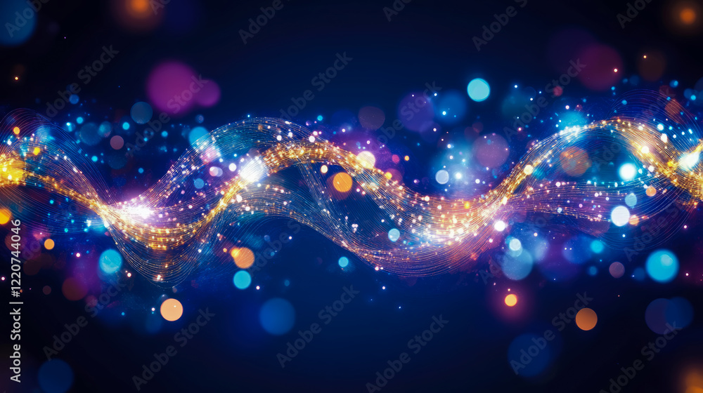 Aufkleber glowing wave abstract: shimmering lights and bokeh effect on deep blue background