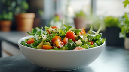 Fresh Salad With Cherry Tomatoes and Cucumbers Prepared in a Bright Kitchen During the Afternoon With Natural Lighting Showcasing Vibrant Colors