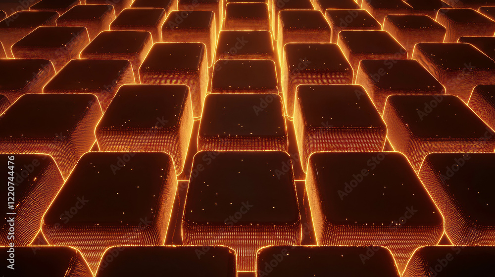 Poster 3d data visualization background with grid of glo orange cubes and soft lighting effects