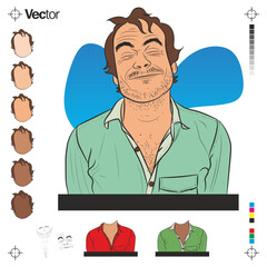 Homem engra&ccedil;ado, sorrindo,  com camiseta verde, varios rostos com tons de pele diferente corpos separads com cores diferente para poder trocar, rosto e cabelos isolados