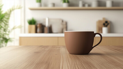 Obraz premium Blank matte brown coffee cup mockup on wooden kitchen table, on minimalist kitchen background. AI generated images. 