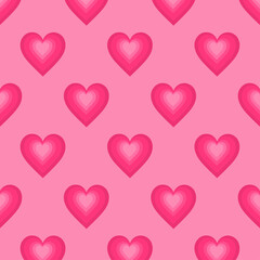 Seamless pattern of pink gradient hearts on a soft pink background. Ideal for romantic themes such as Valentine's Day, invitation cards, backgrounds, packaging, or fabric patterns.
