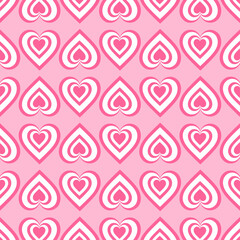 Seamless pattern of pink and white heart shapes with concentric lines. Ideal for romantic themes such as Valentine's Day, invitation cards, backgrounds, packaging, or fabric patterns.