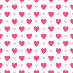 Seamless pattern of pink hearts of various sizes on a white background. Ideal for romantic themes such as Valentine's Day, invitation cards, backgrounds, packaging or fabric patterns.