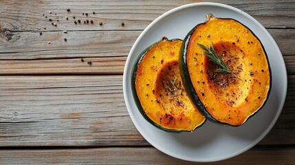 By deploying a wooden setting, a top-down in-depth of two roasted acorn squash halves over a white platter with spices for textural purposes delish sweet and spicy dish and space, Generative AI.