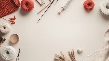 Flatlay of knitting supplies and natural elements