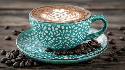 Latte art coffee cup saucer beans wood background cafe menu