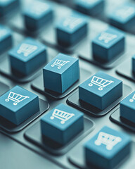 A keyboard with blue shopping buttons on it