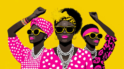 Fototapeta premium Three Stylish Women with Raised Fists: A Celebration of Strength and Style