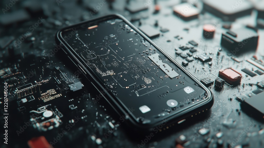 Poster close-up of a smartphone resting on a circuit board, showcasing intricate details and technology