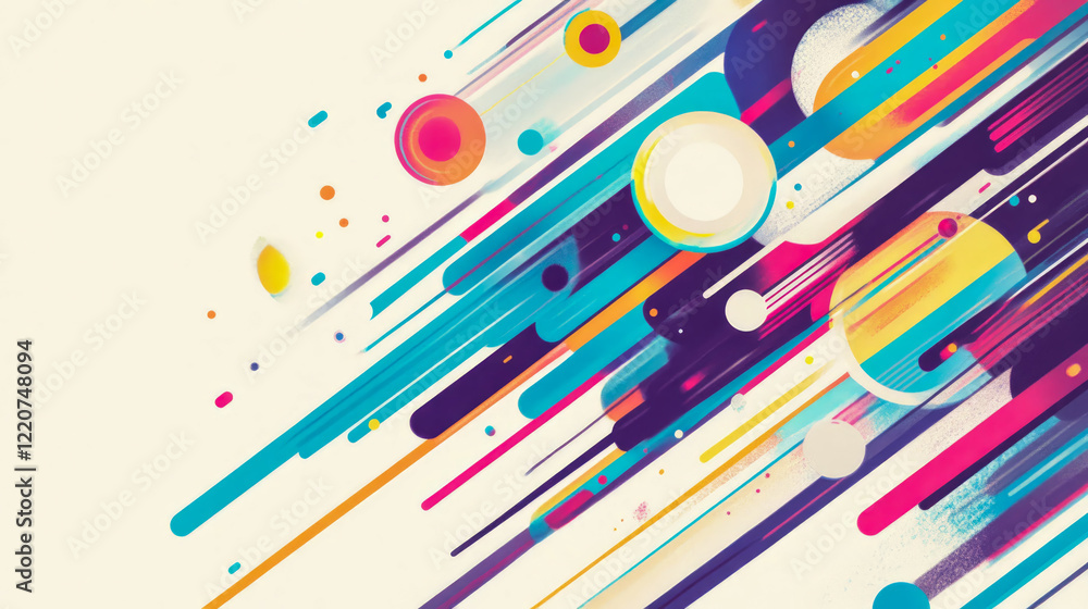 Poster dynamic abstract artwork: colorful lines and circles on a light background