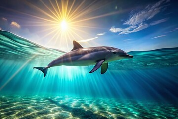 Fototapeta premium Graceful Dolphin Underwater Scene: Serene Ocean Wildlife Stock Photo