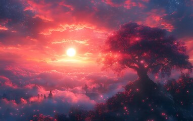 Obraz premium Red Sunrise Landscape with Solitary Tree