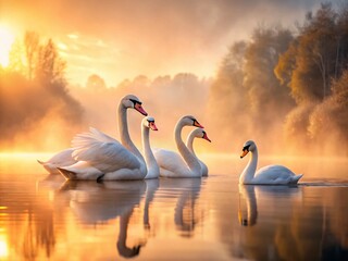 Fototapeta premium Graceful Young Swans on Serene Lake at Dawn - Wildlife Photography